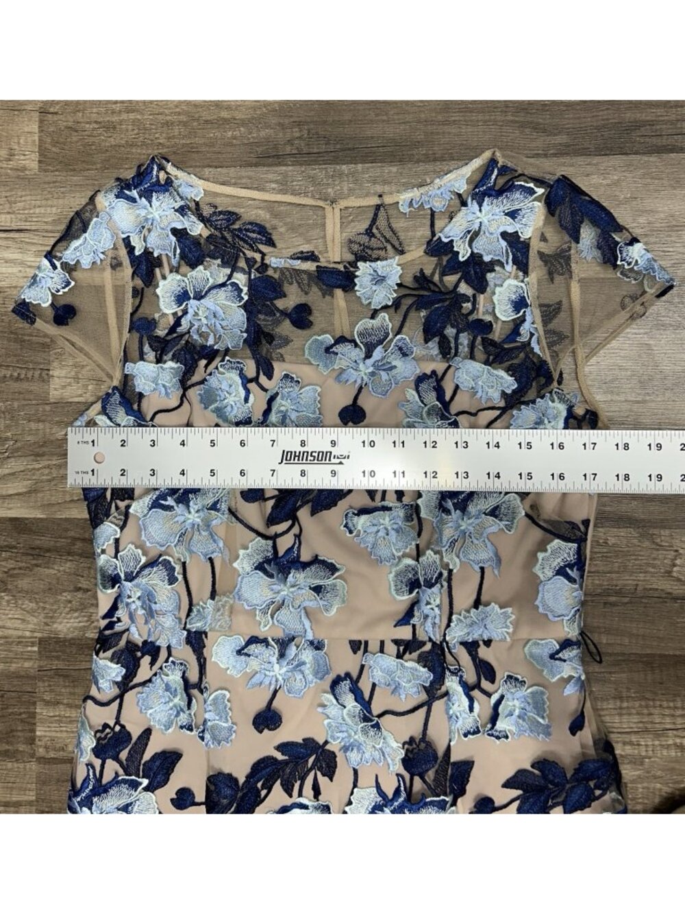 Adrianna Papell Midi Dress Size 12 Blue Floral Embroidered Cocktail Short Sleeve - Picture 4 of 16
